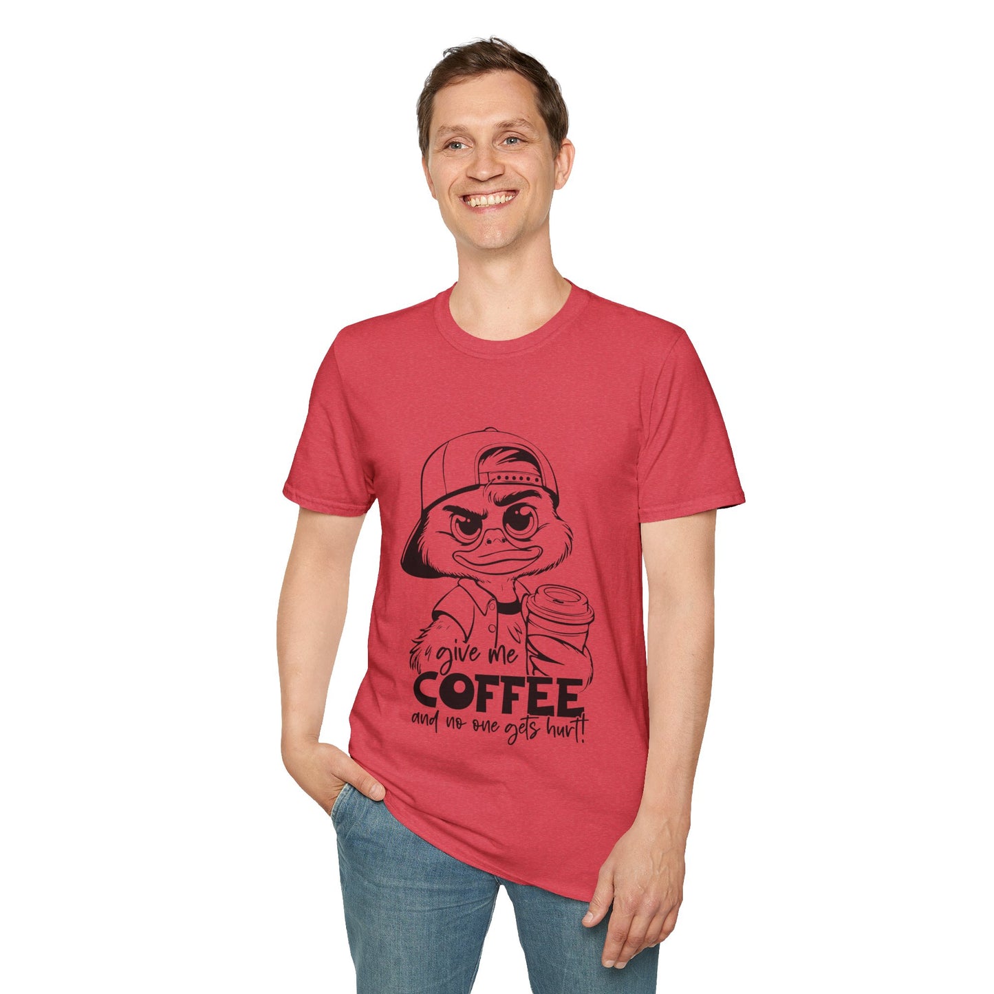 Funny Coffee Lover Unisex Softstyle T-Shirt - Give Me Coffee and No One Gets Hurt Design