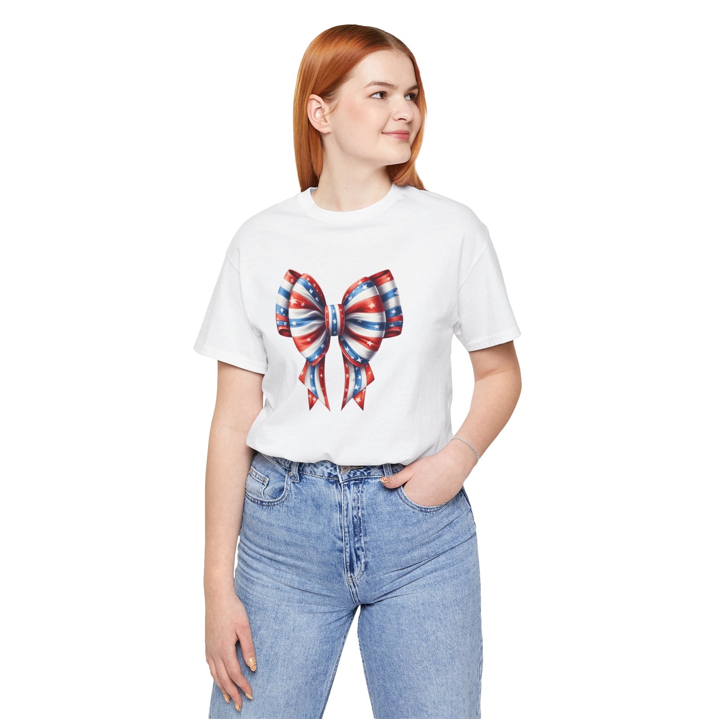 Womans Unisex Red White and Blue Ribbon Jersey Short Sleeve Tee