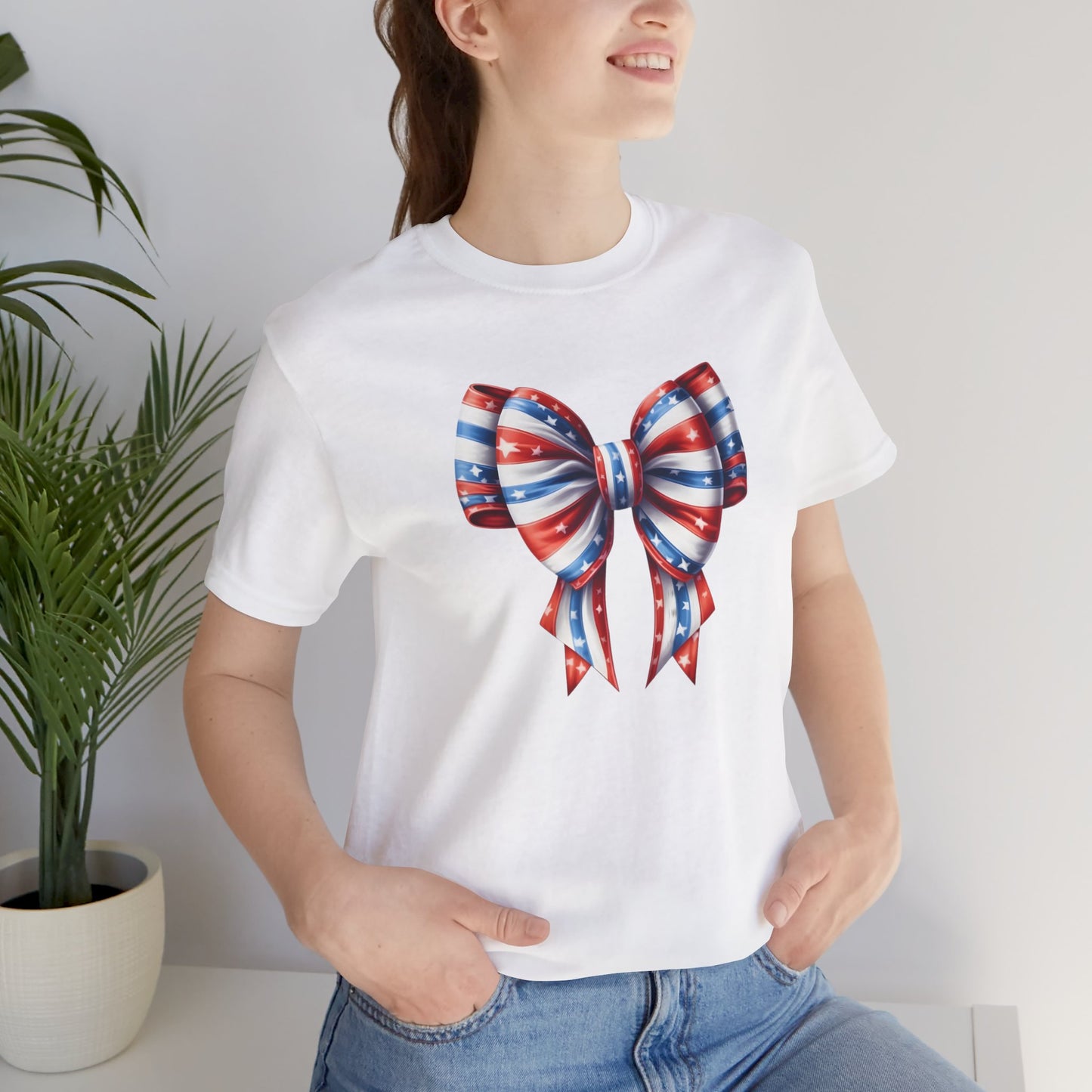 Womans Unisex Red White and Blue Ribbon Jersey Short Sleeve Tee