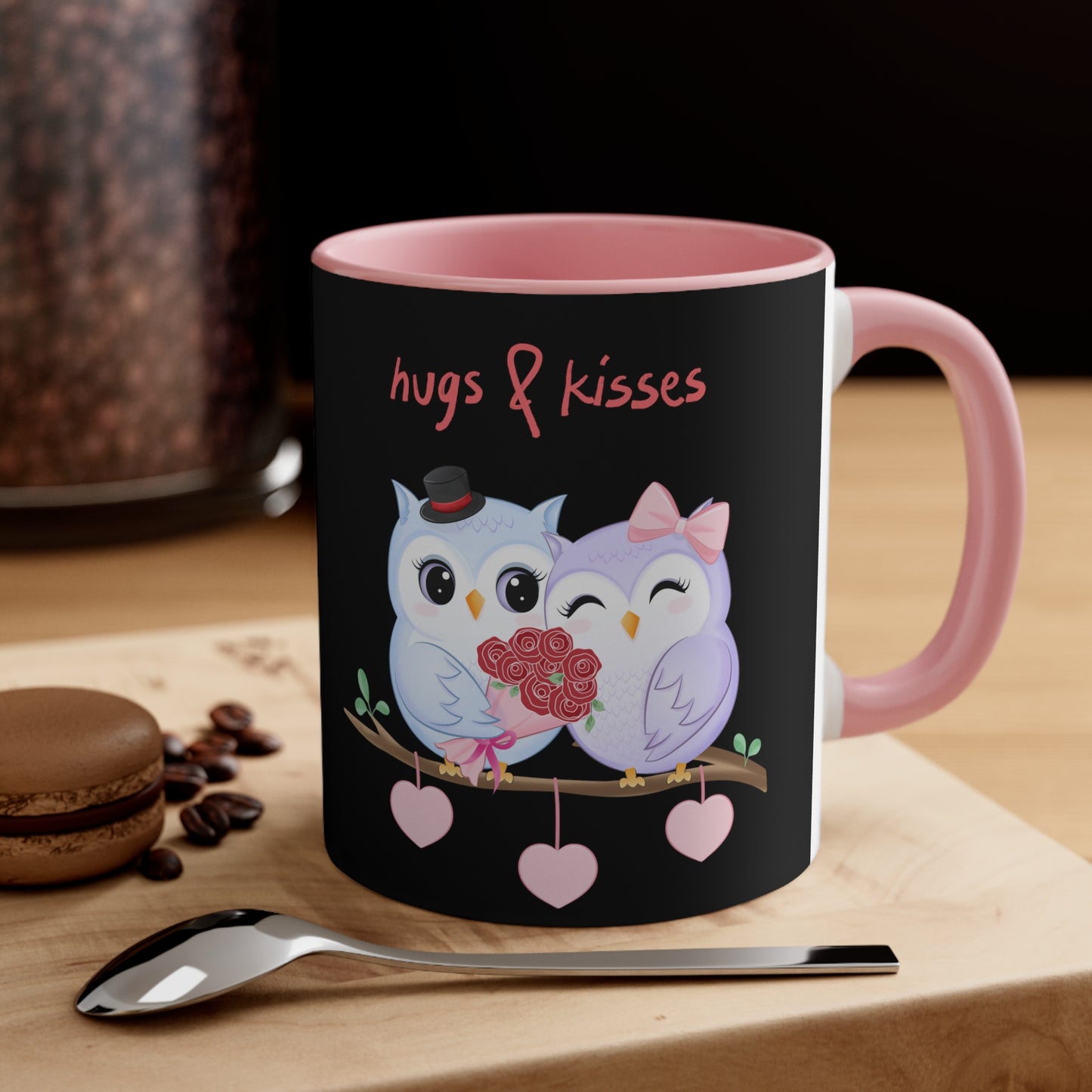 Hugs & Kisses Owls Black Background Accent Coffee Mug, 11oz