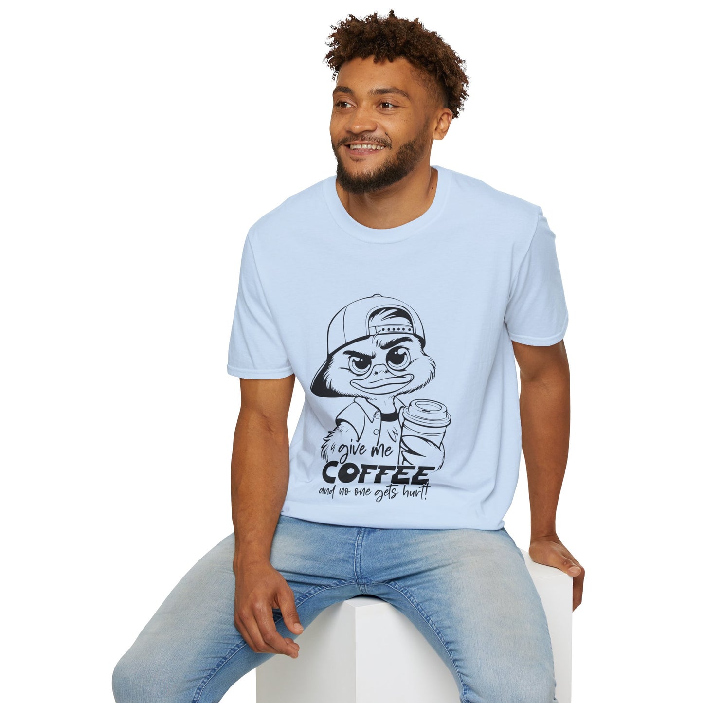 Funny Coffee Lover Unisex Softstyle T-Shirt - Give Me Coffee and No One Gets Hurt Design