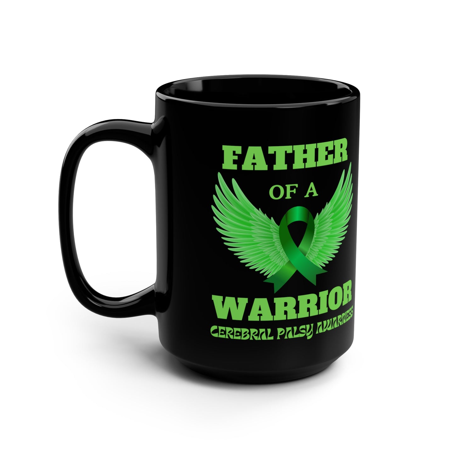 Father with Angel Wings Cerebral Palsy Black Mug, 15oz