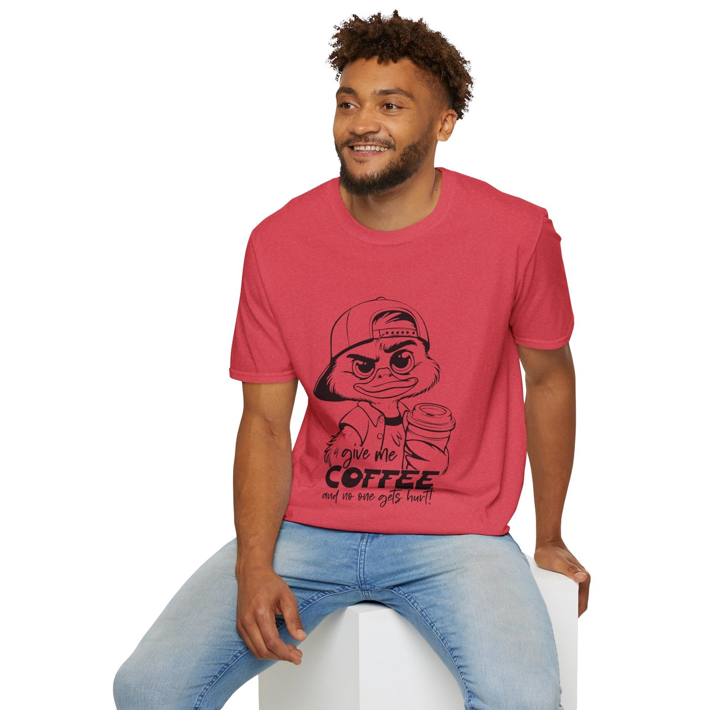 Funny Coffee Lover Unisex Softstyle T-Shirt - Give Me Coffee and No One Gets Hurt Design