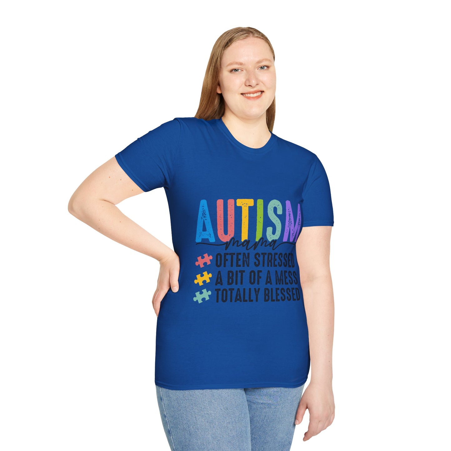 Autism Mama Unisex Softstyle T-Shirt - Often Stressed, A Bit of a Mess, Totally Blessed