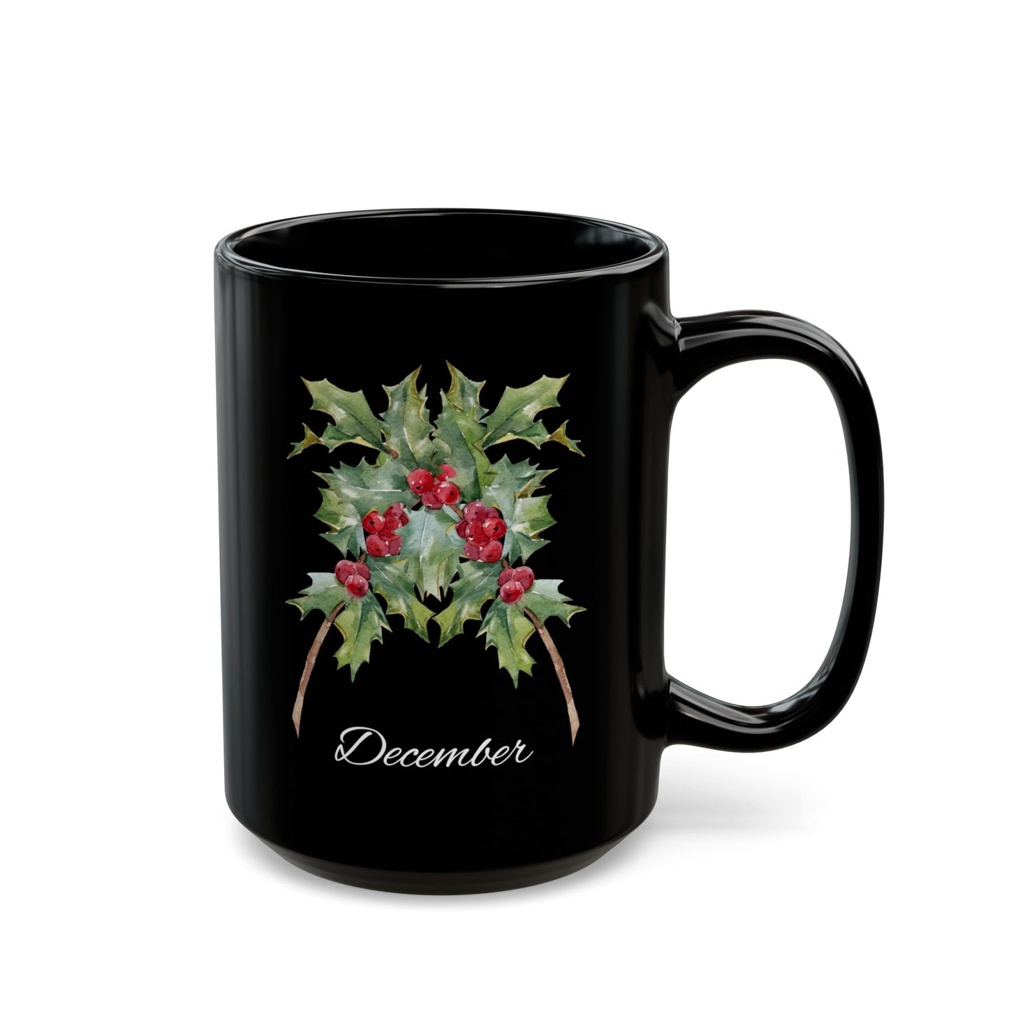 December Birth Flower Holly Black Mug (11oz, 15oz)