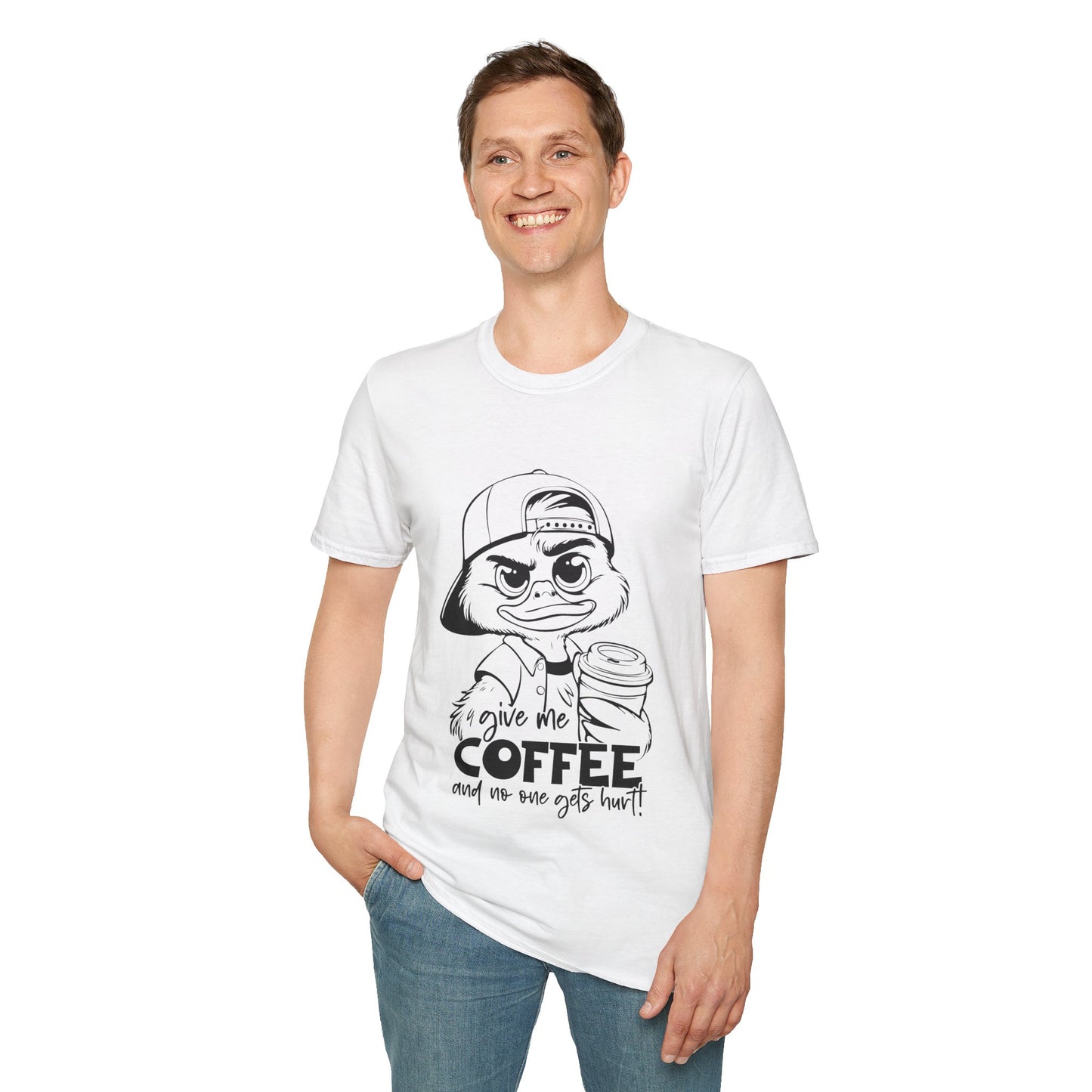 Funny Coffee Lover Unisex Softstyle T-Shirt - Give Me Coffee and No One Gets Hurt Design