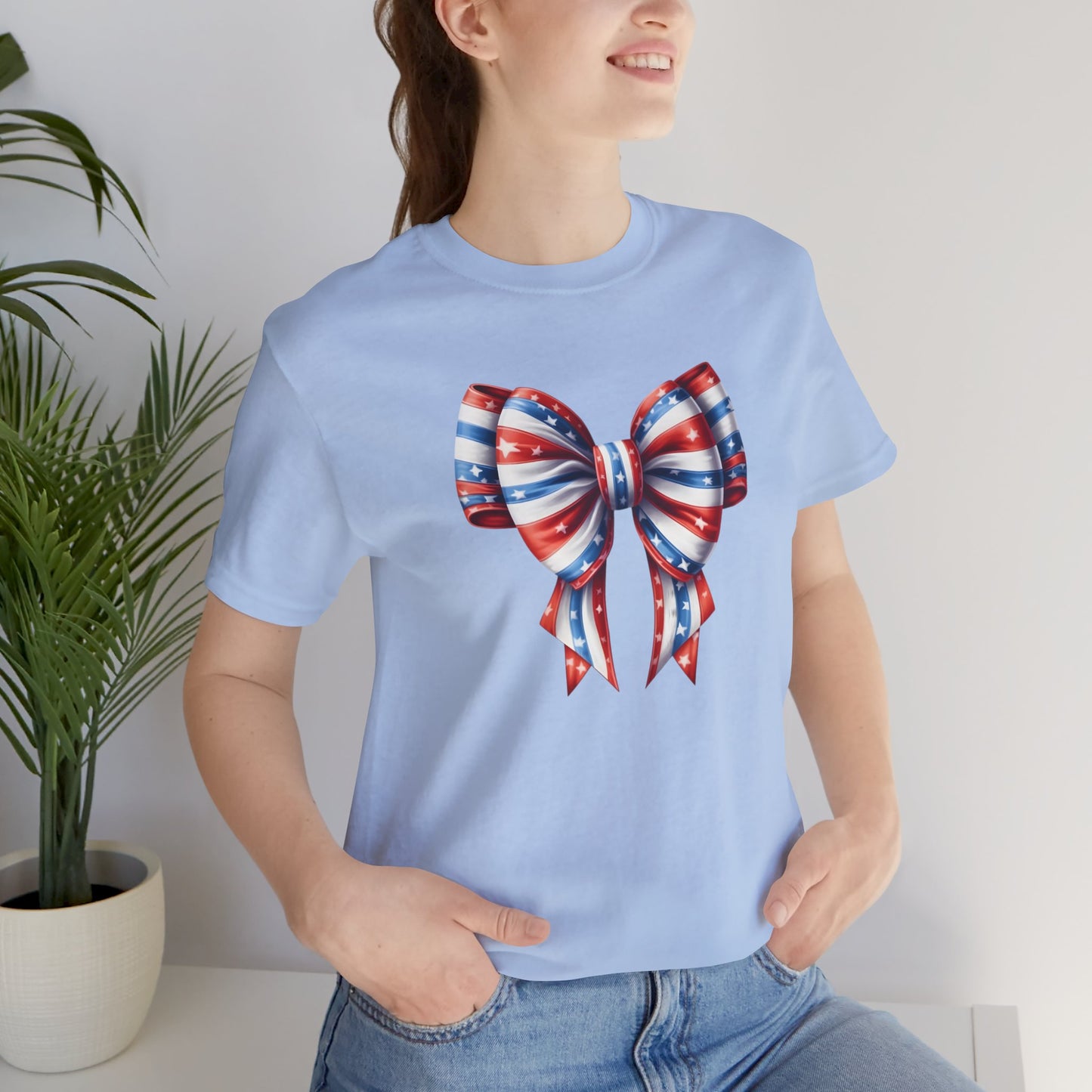 Womans Unisex Red White and Blue Ribbon Jersey Short Sleeve Tee