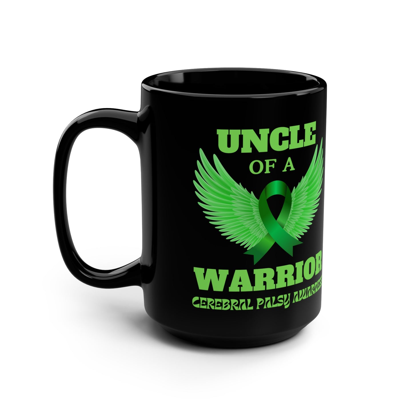 Uncle with angel wings Cerebral Palsy Black Mug, 15oz