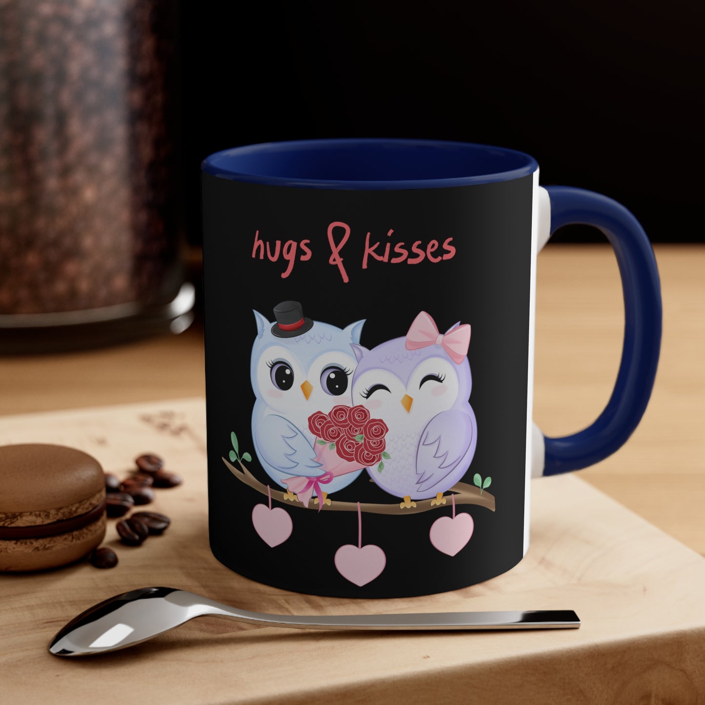 Hugs & Kisses Owls Black Background Accent Coffee Mug, 11oz