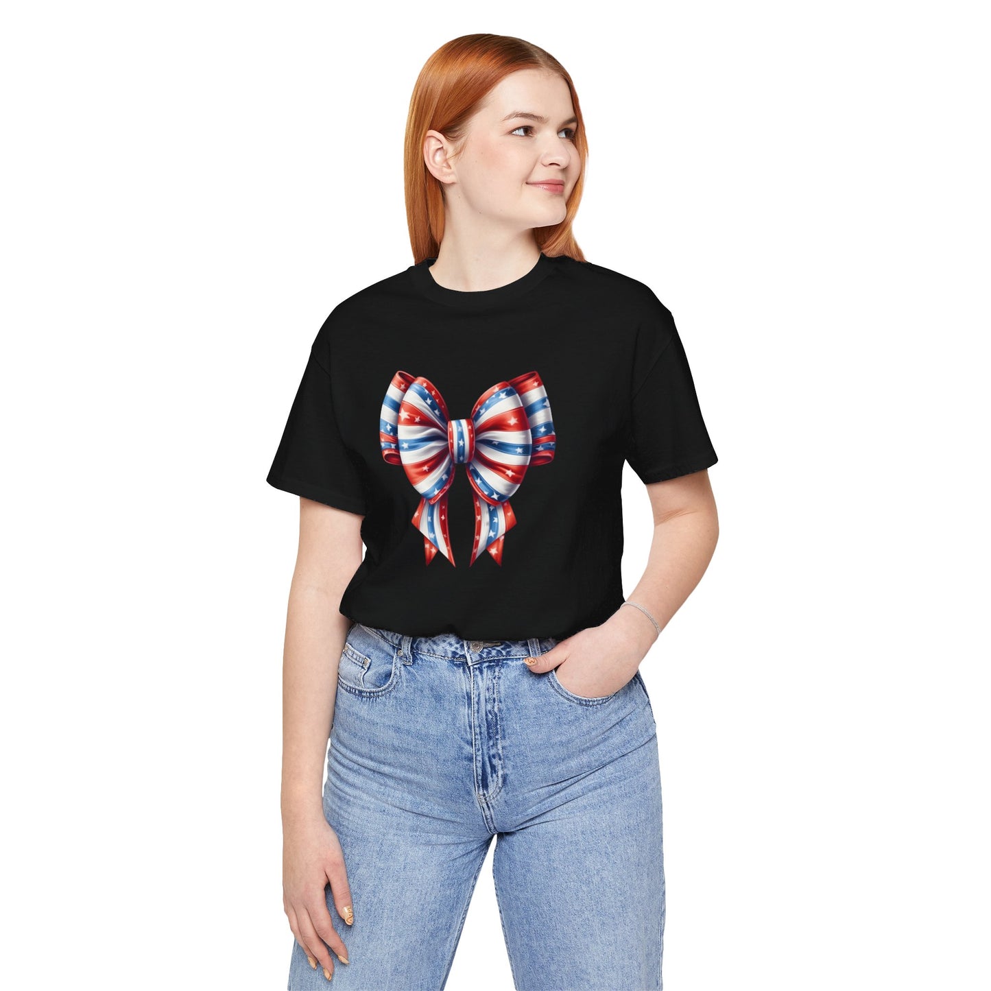 Womans Unisex Red White and Blue Ribbon Jersey Short Sleeve Tee