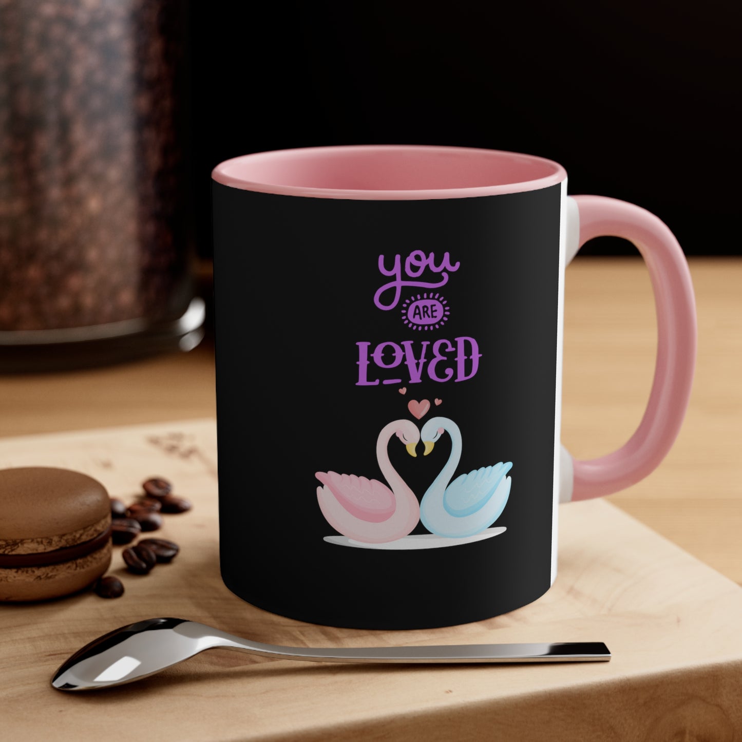 Swan You Are Loved on a Black Background Accent Coffee Mug, 11oz
