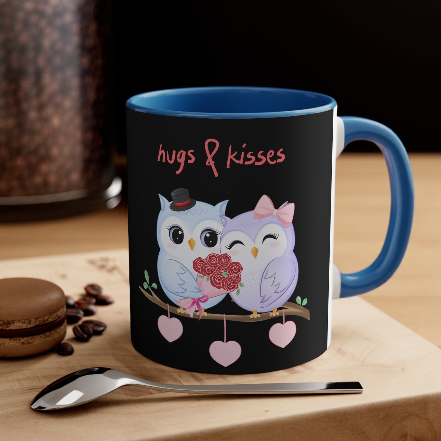 Hugs & Kisses Owls Black Background Accent Coffee Mug, 11oz
