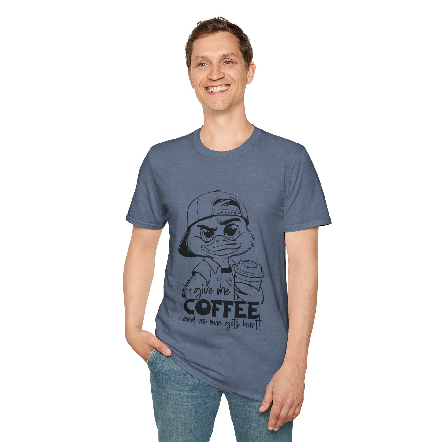 Funny Coffee Lover Unisex Softstyle T-Shirt - Give Me Coffee and No One Gets Hurt Design