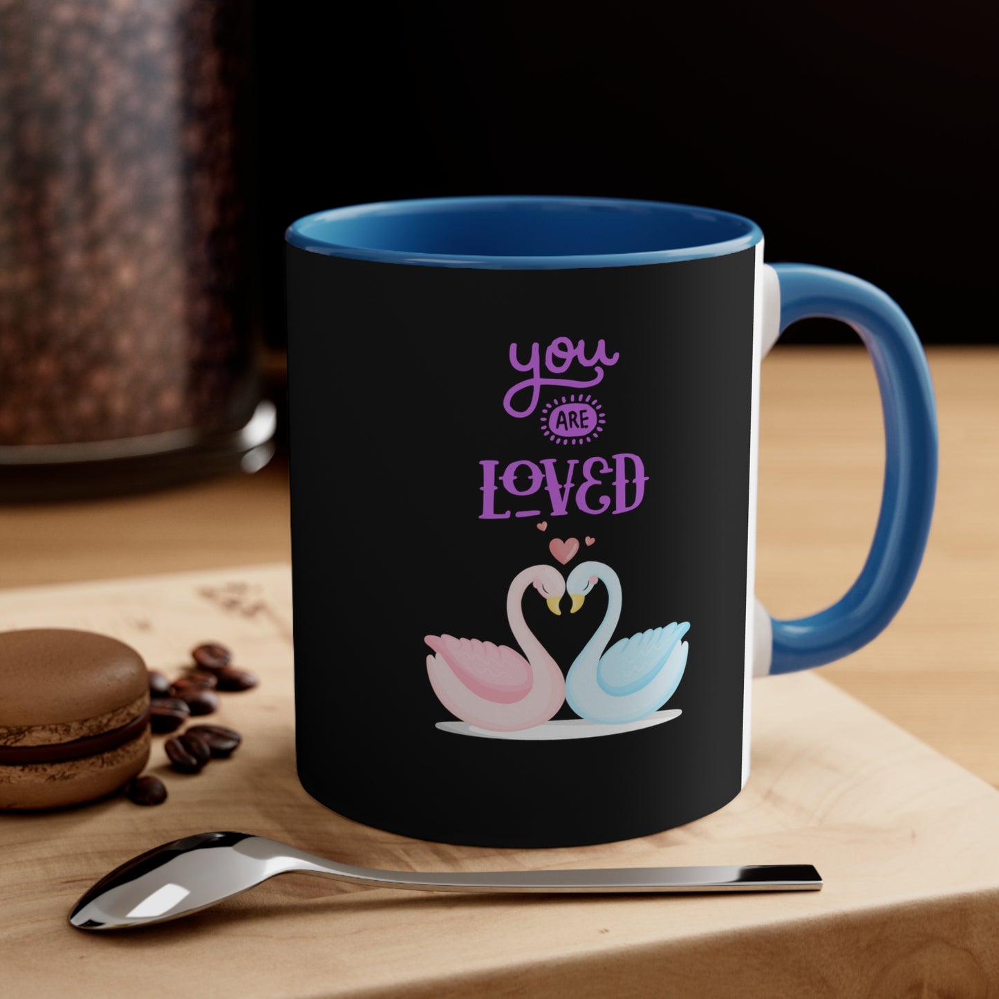 Swan You Are Loved on a Black Background Accent Coffee Mug, 11oz
