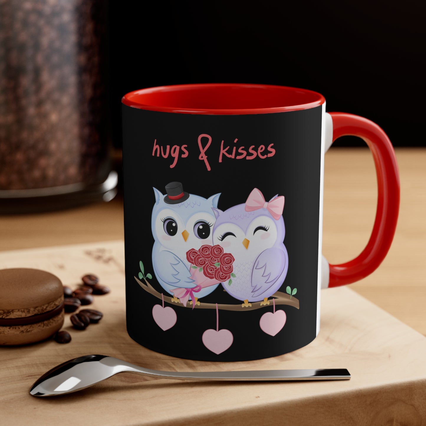 Hugs & Kisses Owls Black Background Accent Coffee Mug, 11oz