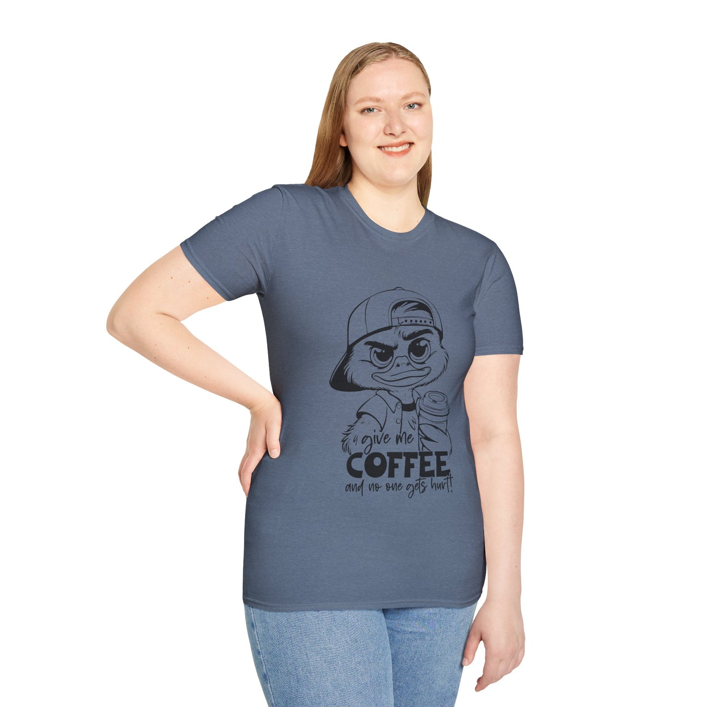 Funny Coffee Lover Unisex Softstyle T-Shirt - Give Me Coffee and No One Gets Hurt Design