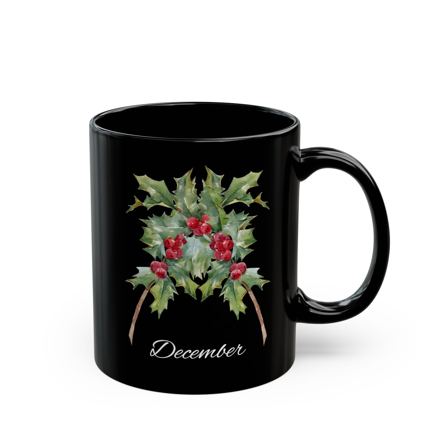 December Birth Flower Holly Black Mug (11oz, 15oz)