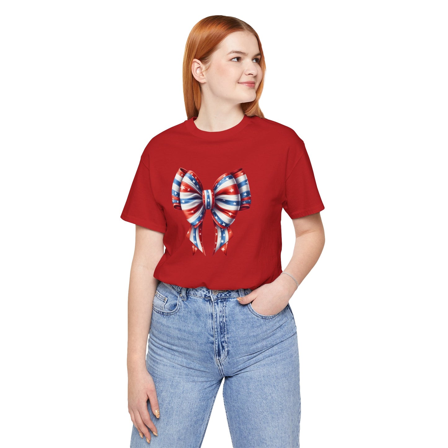 Womans Unisex Red White and Blue Ribbon Jersey Short Sleeve Tee