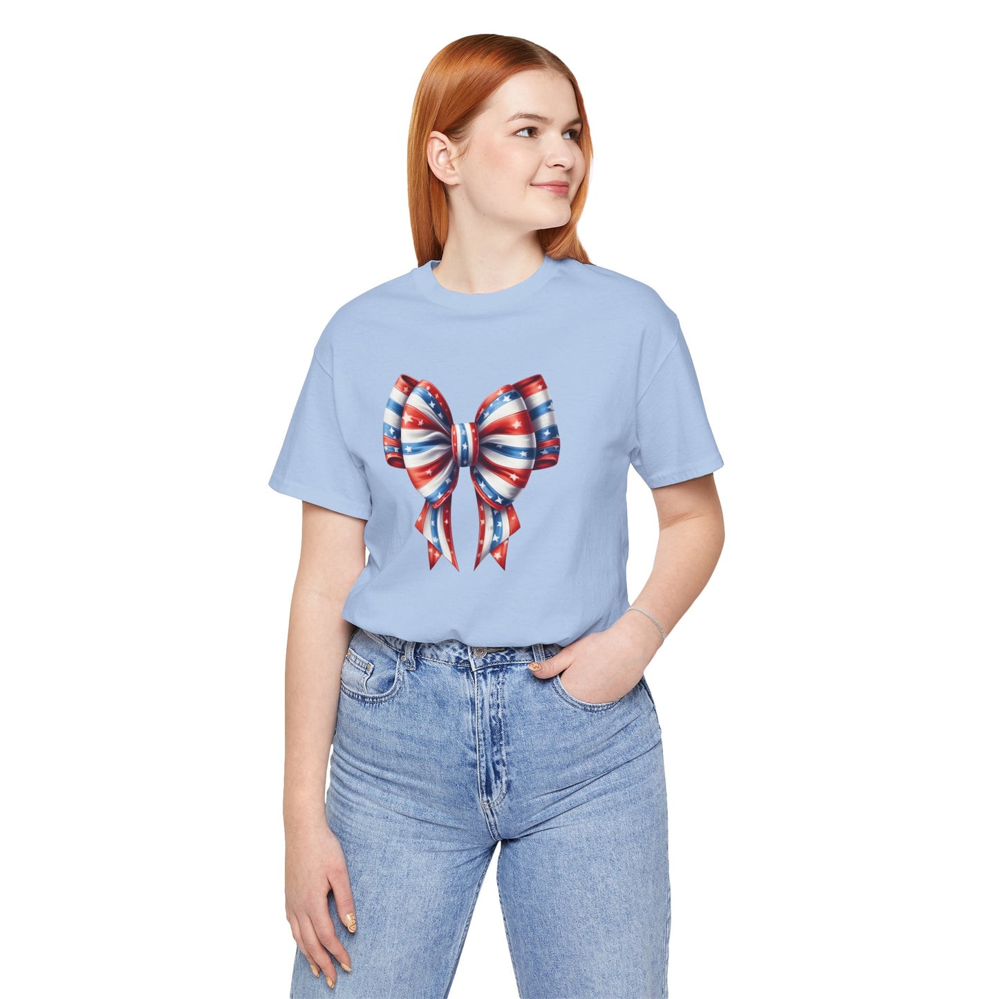Womans Unisex Red White and Blue Ribbon Jersey Short Sleeve Tee