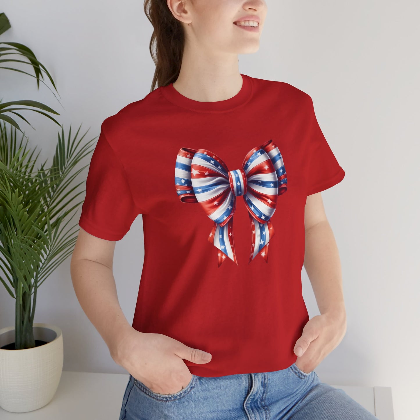 Womans Unisex Red White and Blue Ribbon Jersey Short Sleeve Tee