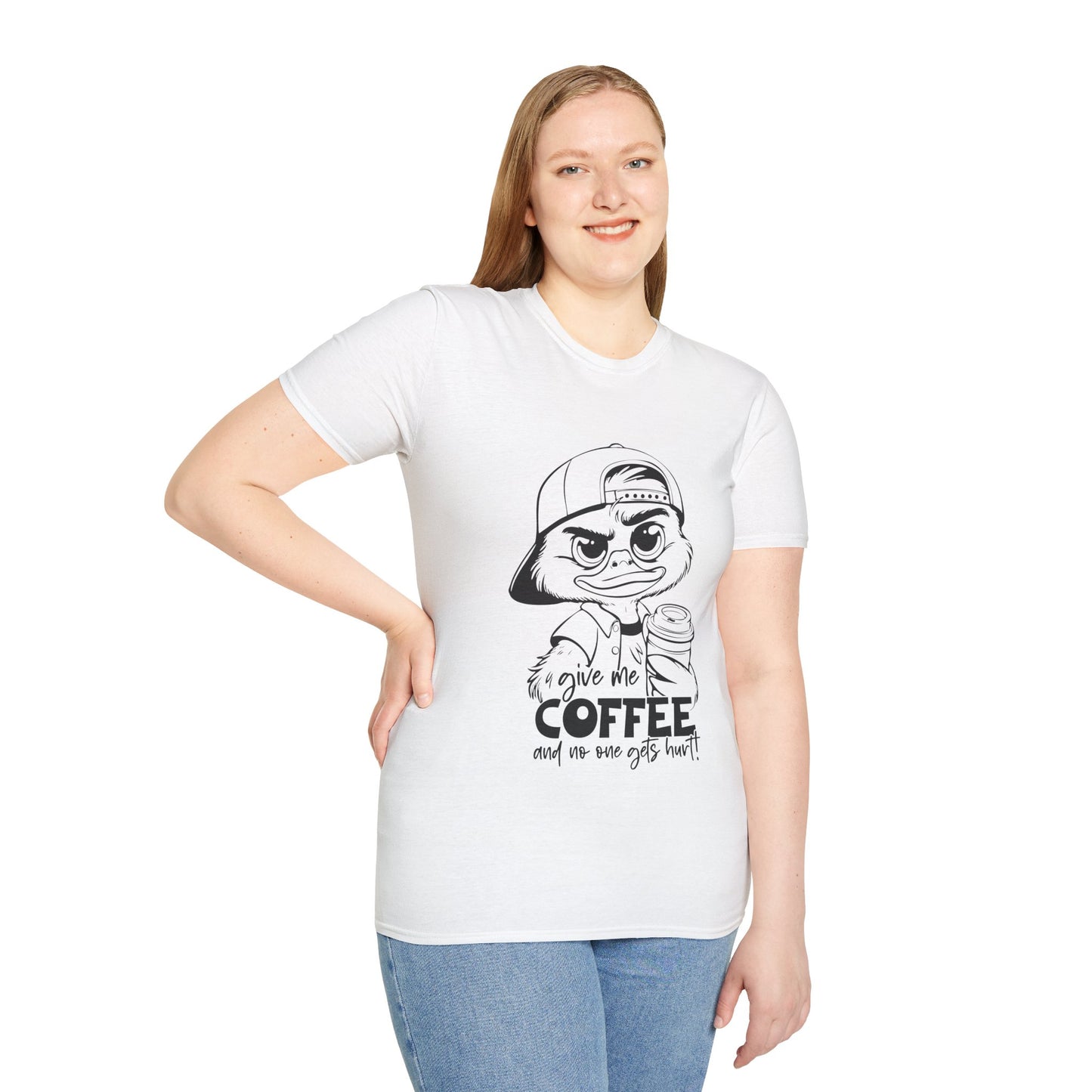 Funny Coffee Lover Unisex Softstyle T-Shirt - Give Me Coffee and No One Gets Hurt Design