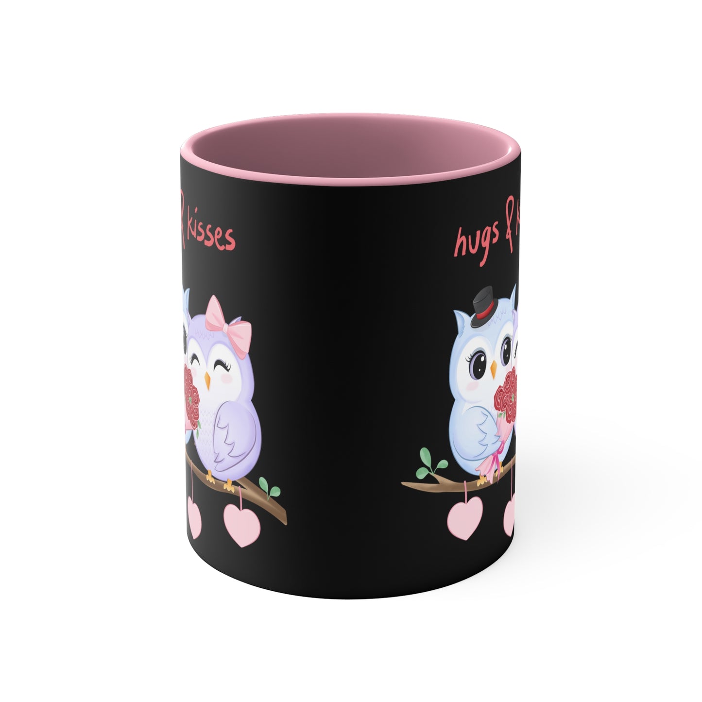 Hugs & Kisses Owls Black Background Accent Coffee Mug, 11oz