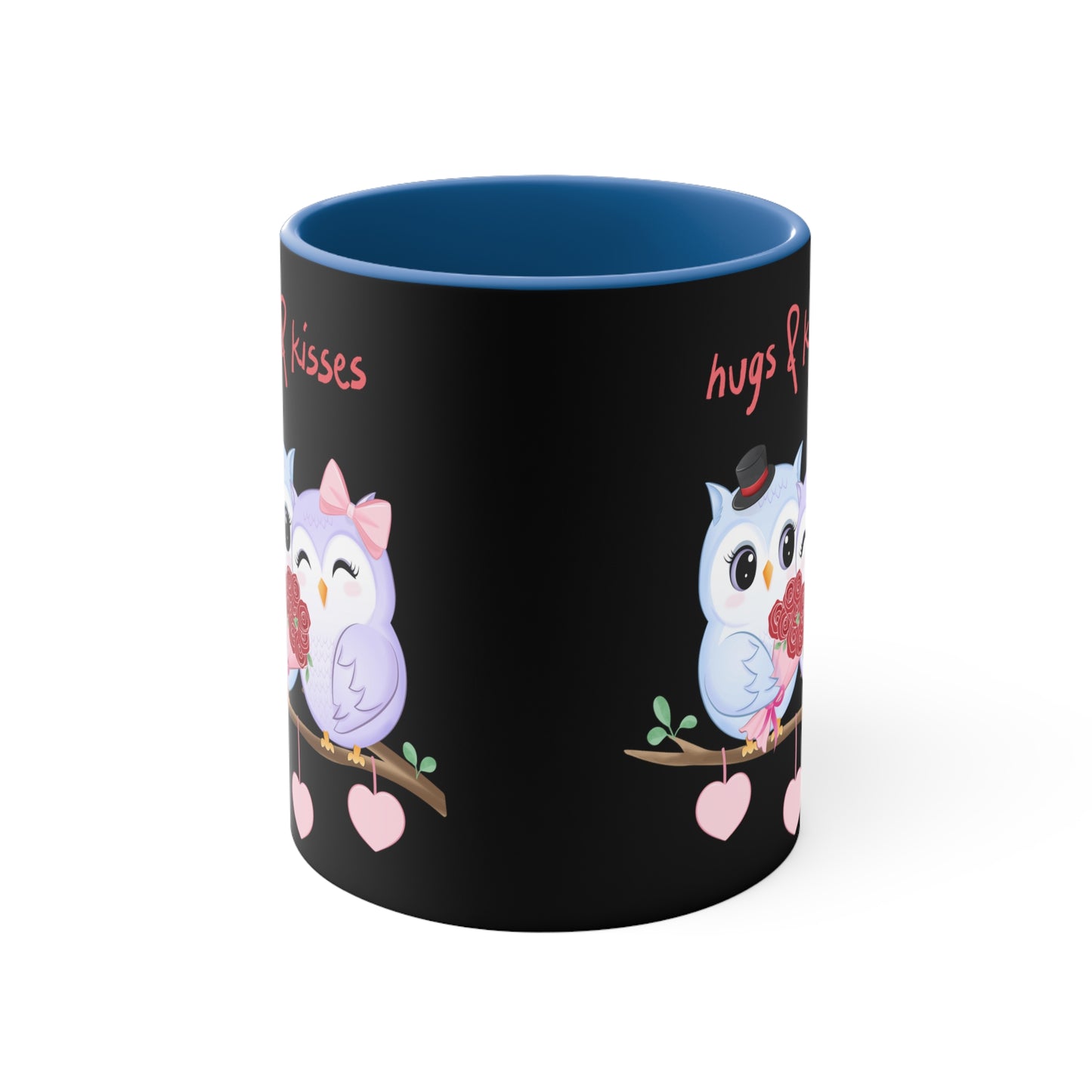 Hugs & Kisses Owls Black Background Accent Coffee Mug, 11oz