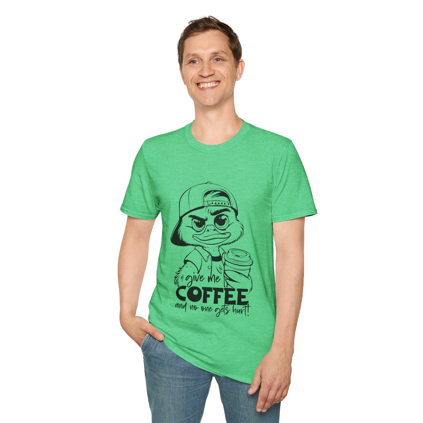 Funny Coffee Lover Unisex Softstyle T-Shirt - Give Me Coffee and No One Gets Hurt Design