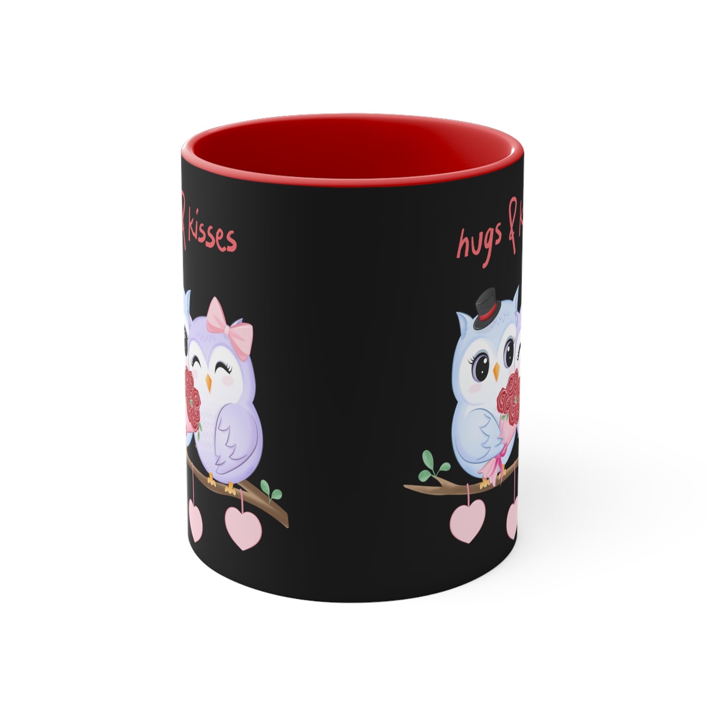 Hugs & Kisses Owls Black Background Accent Coffee Mug, 11oz