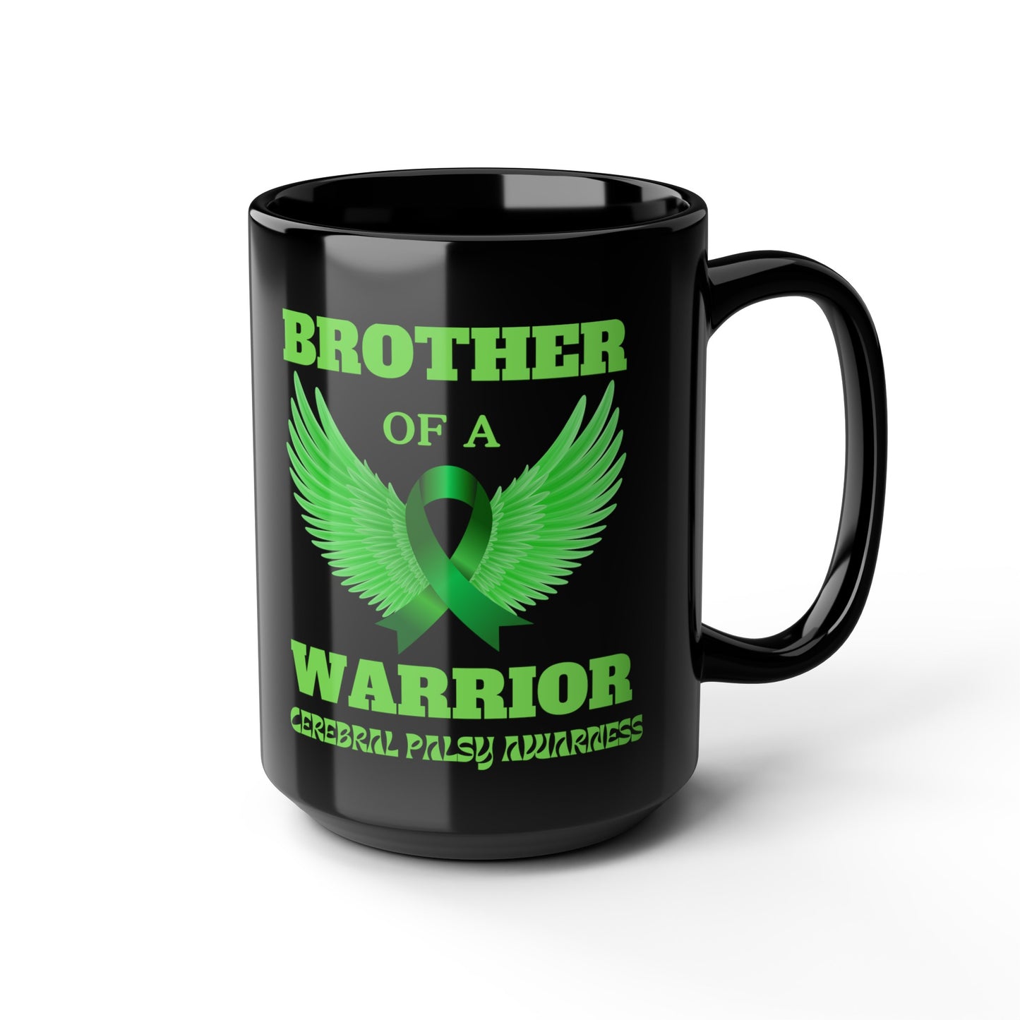 Brother with angel wings Cerebral Palsy Black Mug, 15oz