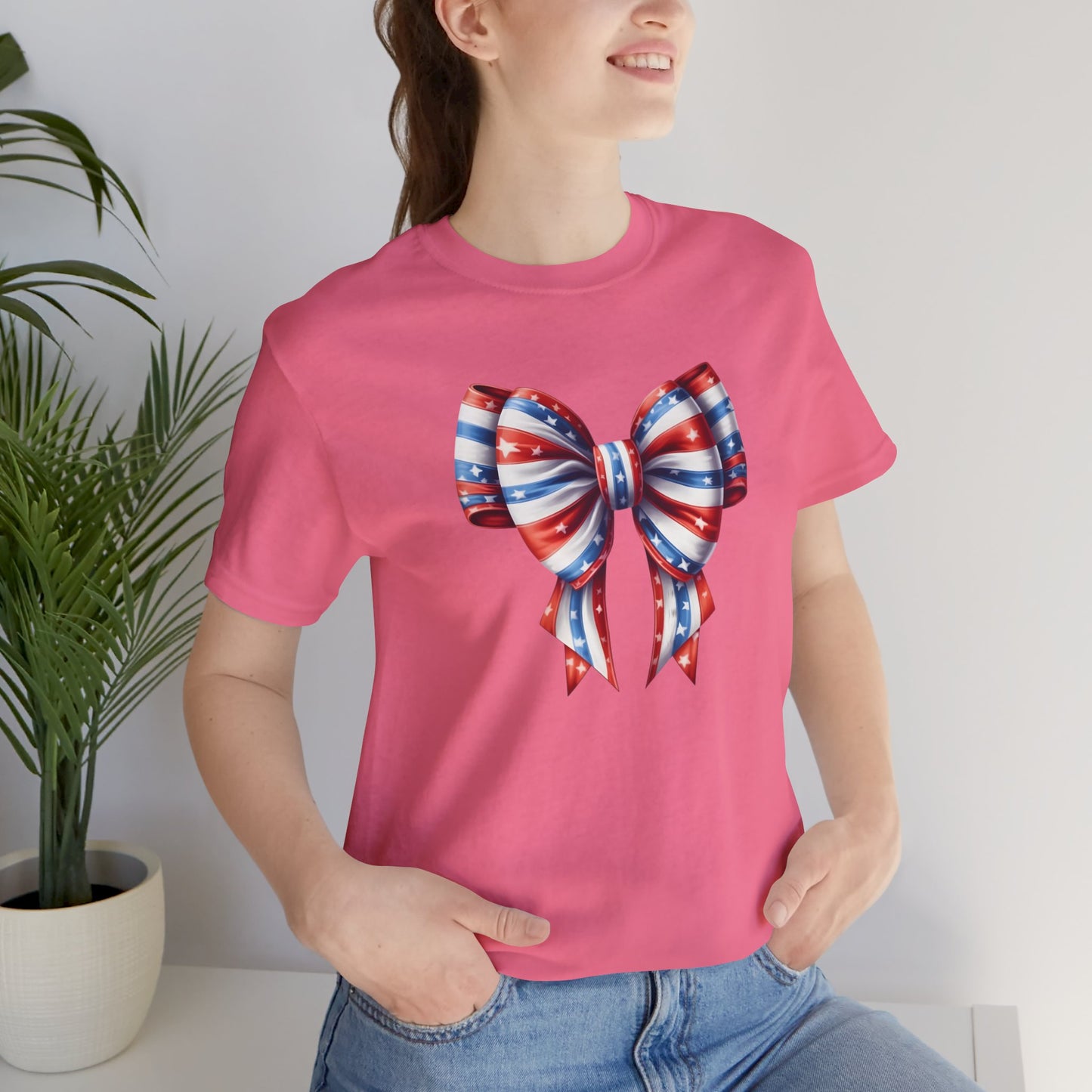 Womans Unisex Red White and Blue Ribbon Jersey Short Sleeve Tee