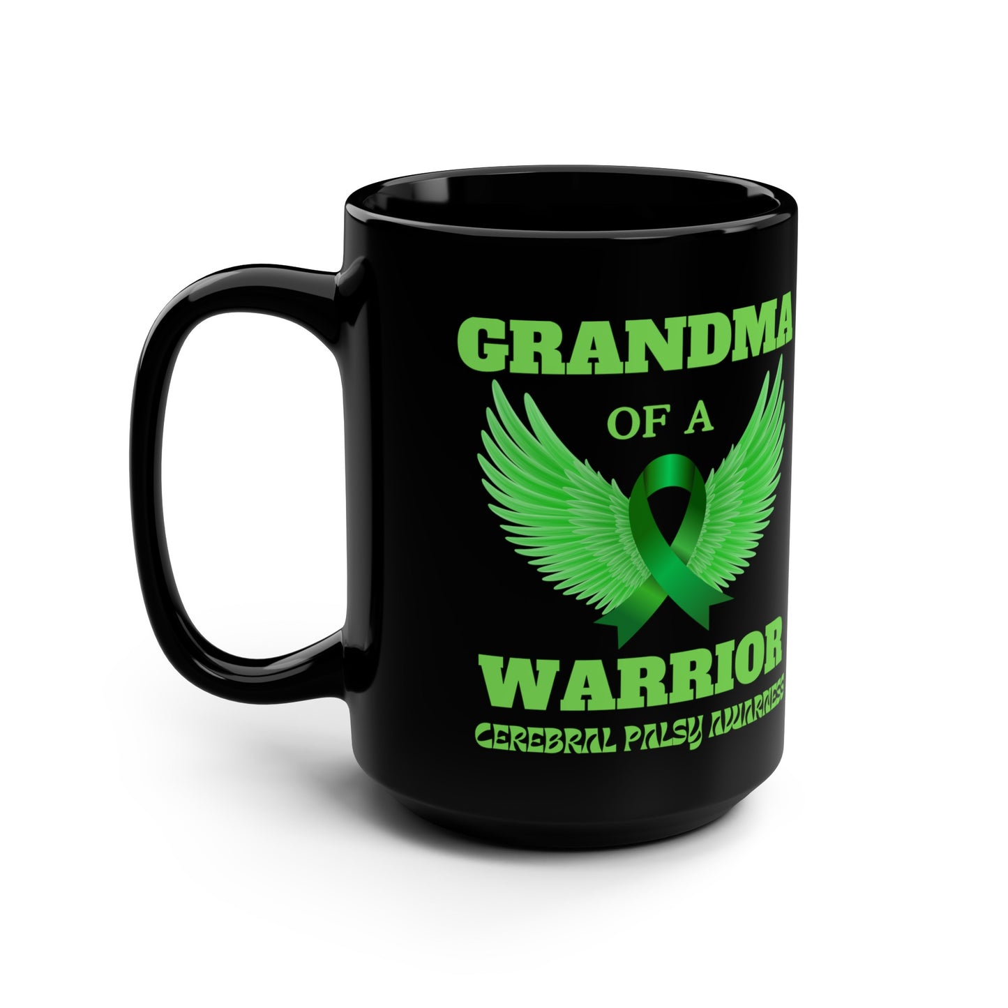 Grandma with angel wings Cerebral Palsy Black Mug, 15oz