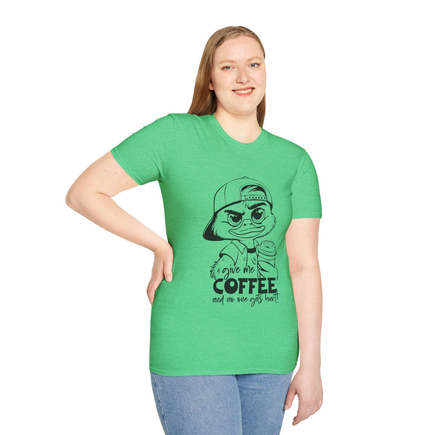Funny Coffee Lover Unisex Softstyle T-Shirt - Give Me Coffee and No One Gets Hurt Design
