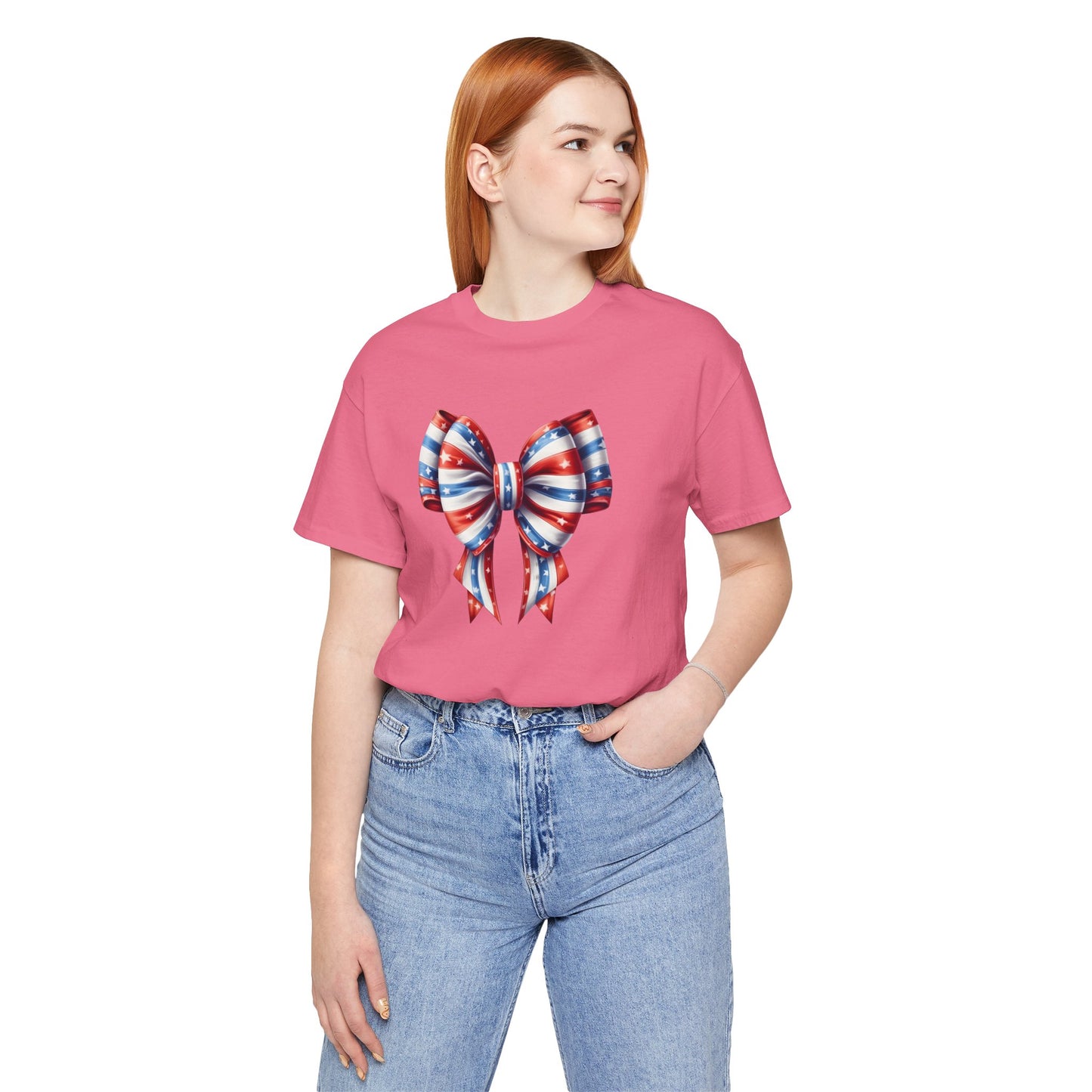 Womans Unisex Red White and Blue Ribbon Jersey Short Sleeve Tee