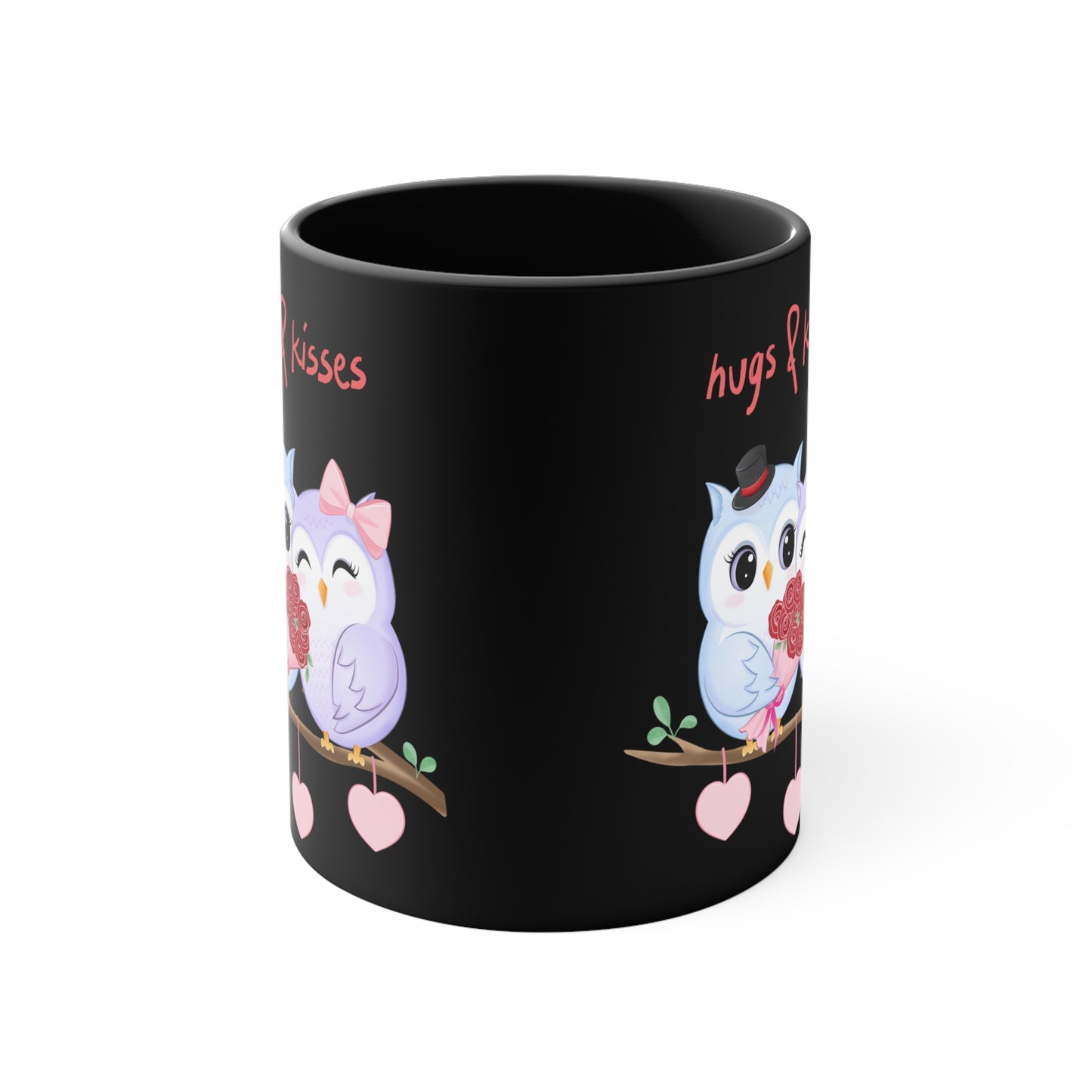 Hugs & Kisses Owls Black Background Accent Coffee Mug, 11oz