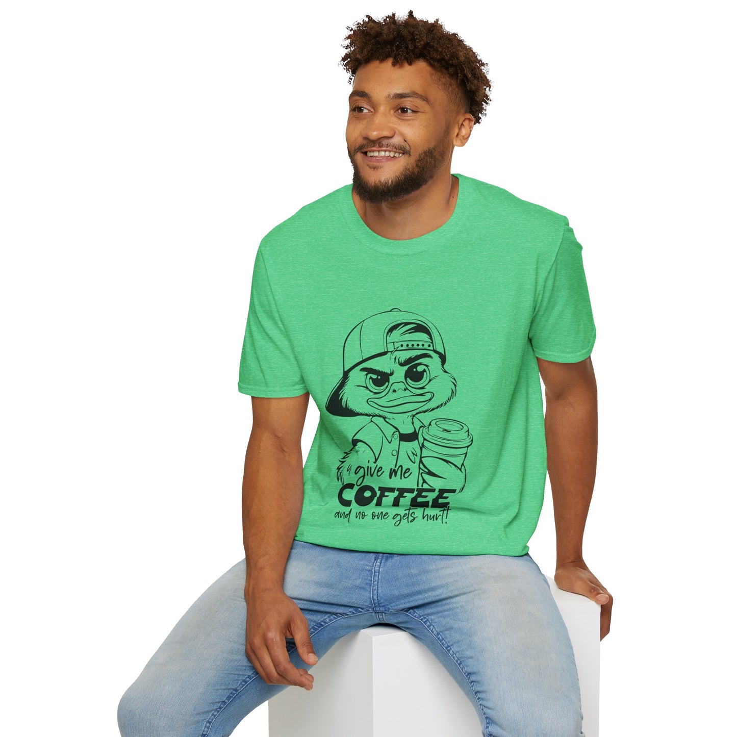 Funny Coffee Lover Unisex Softstyle T-Shirt - Give Me Coffee and No One Gets Hurt Design