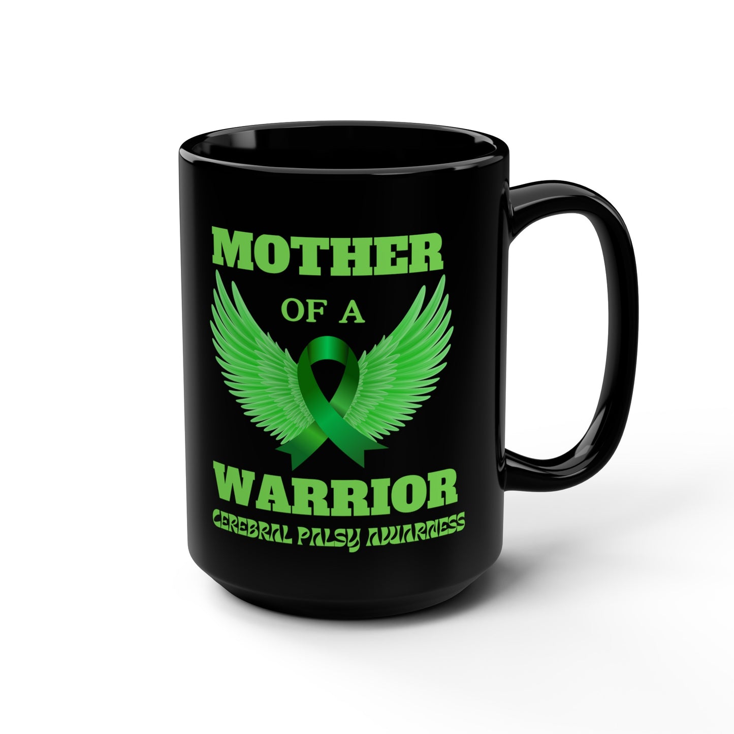 Mother with angel wings Cerebral Palsy Black Mug, 15oz