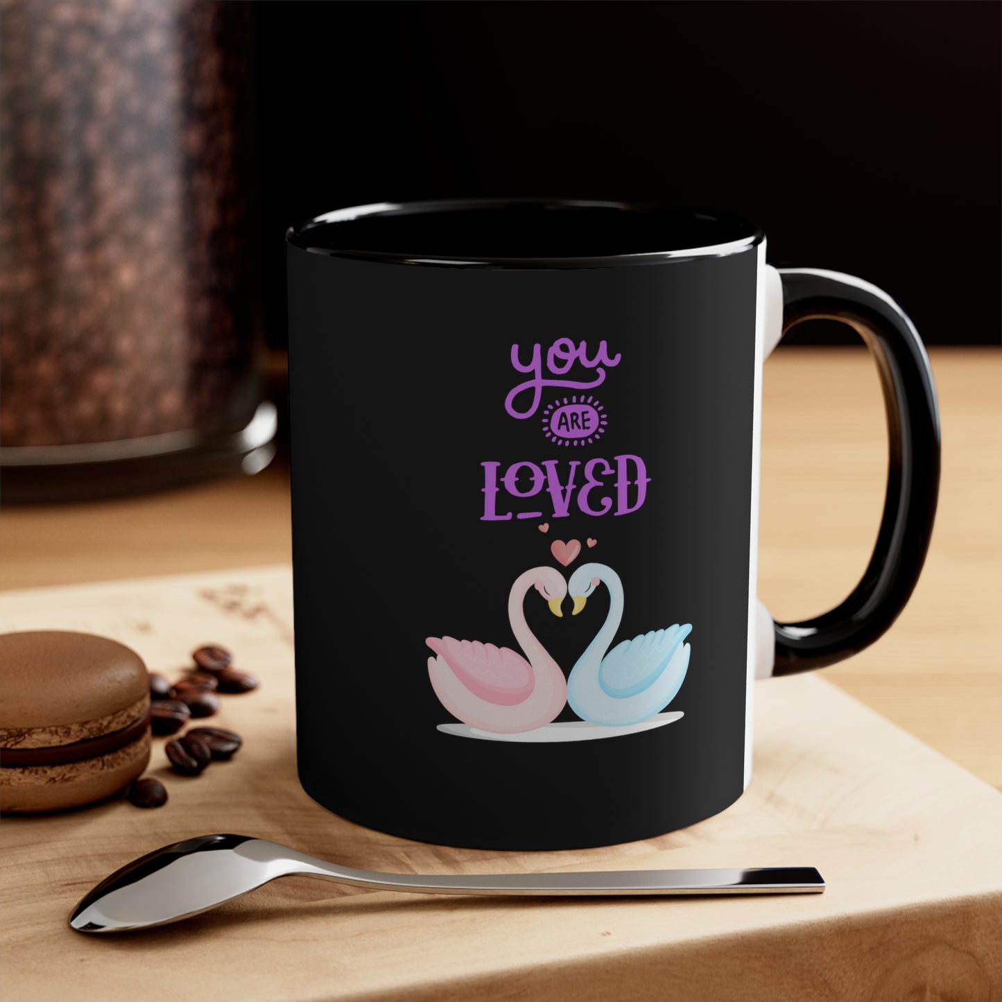 Swan You Are Loved on a Black Background Accent Coffee Mug, 11oz