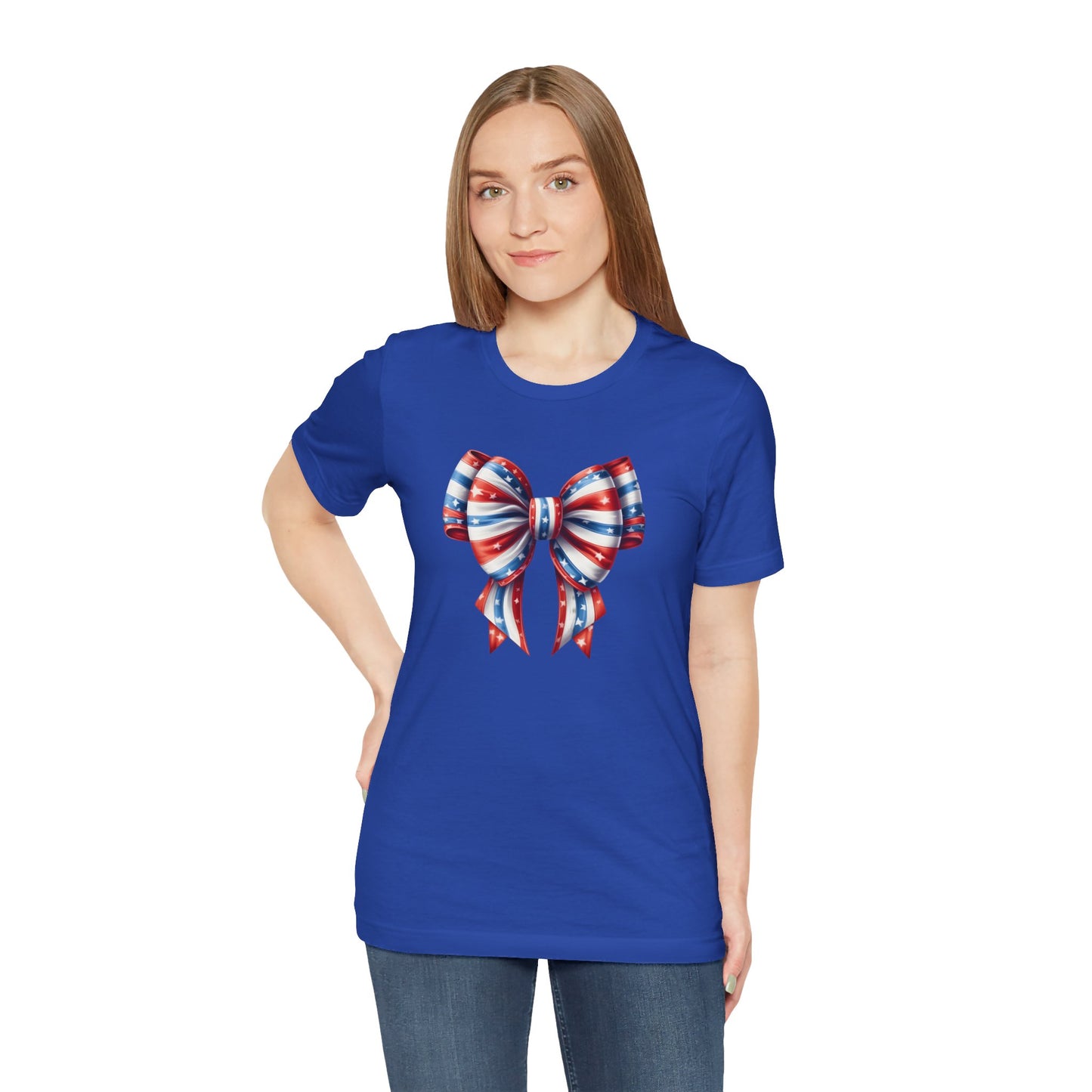 Womans Unisex Red White and Blue Ribbon Jersey Short Sleeve Tee