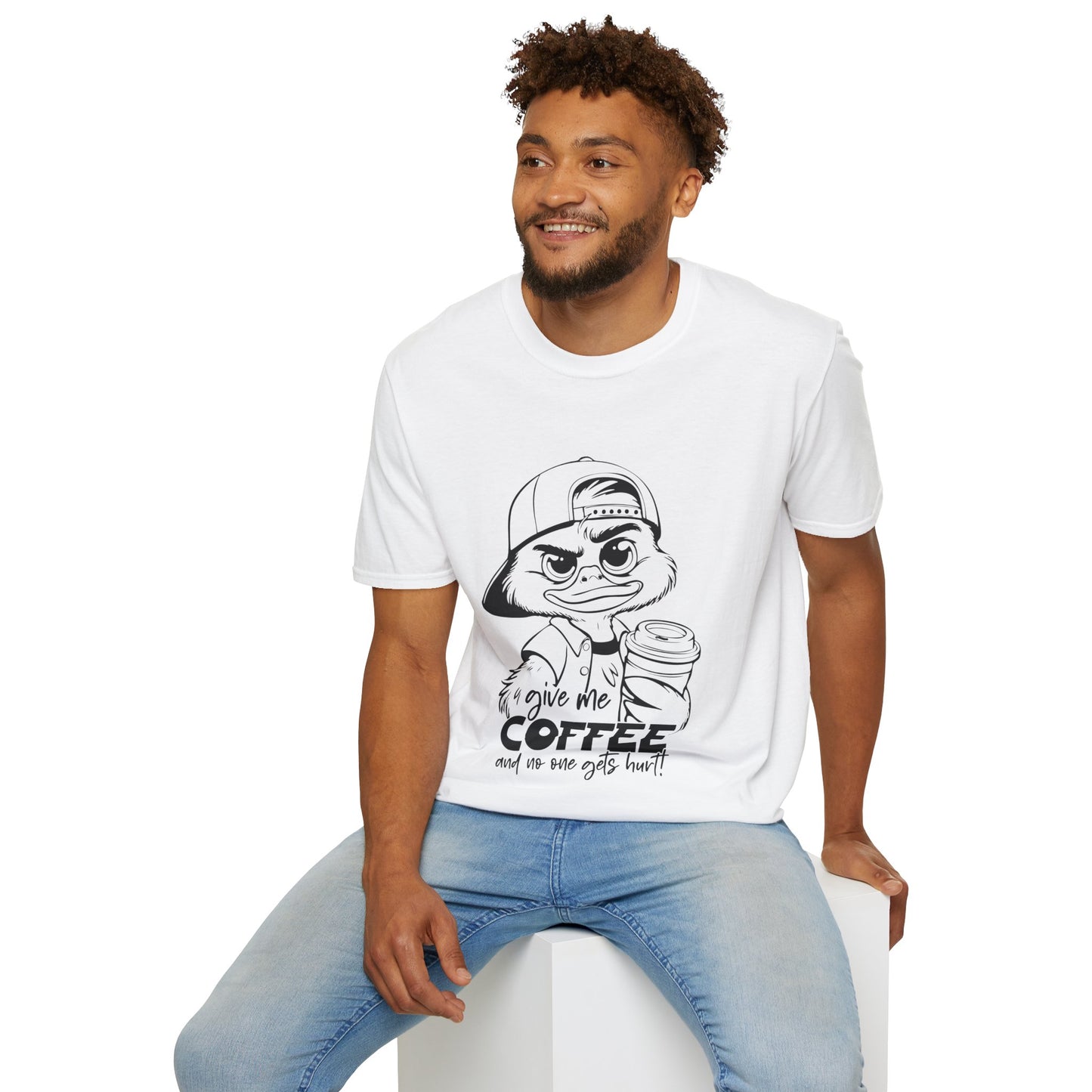 Funny Coffee Lover Unisex Softstyle T-Shirt - Give Me Coffee and No One Gets Hurt Design