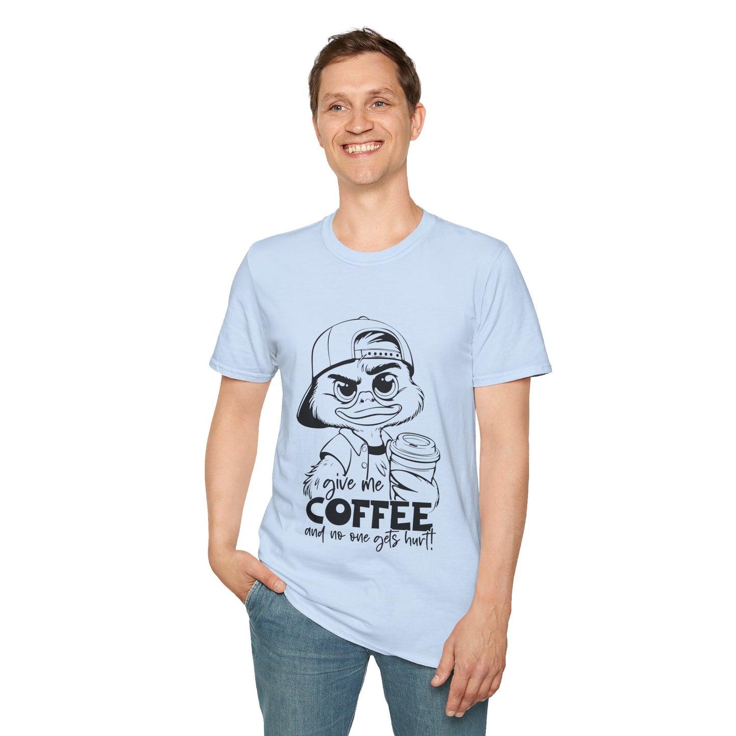 Funny Coffee Lover Unisex Softstyle T-Shirt - Give Me Coffee and No One Gets Hurt Design