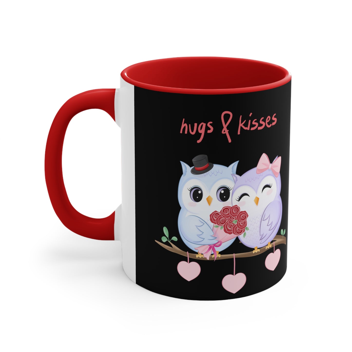 Hugs & Kisses Owls Black Background Accent Coffee Mug, 11oz
