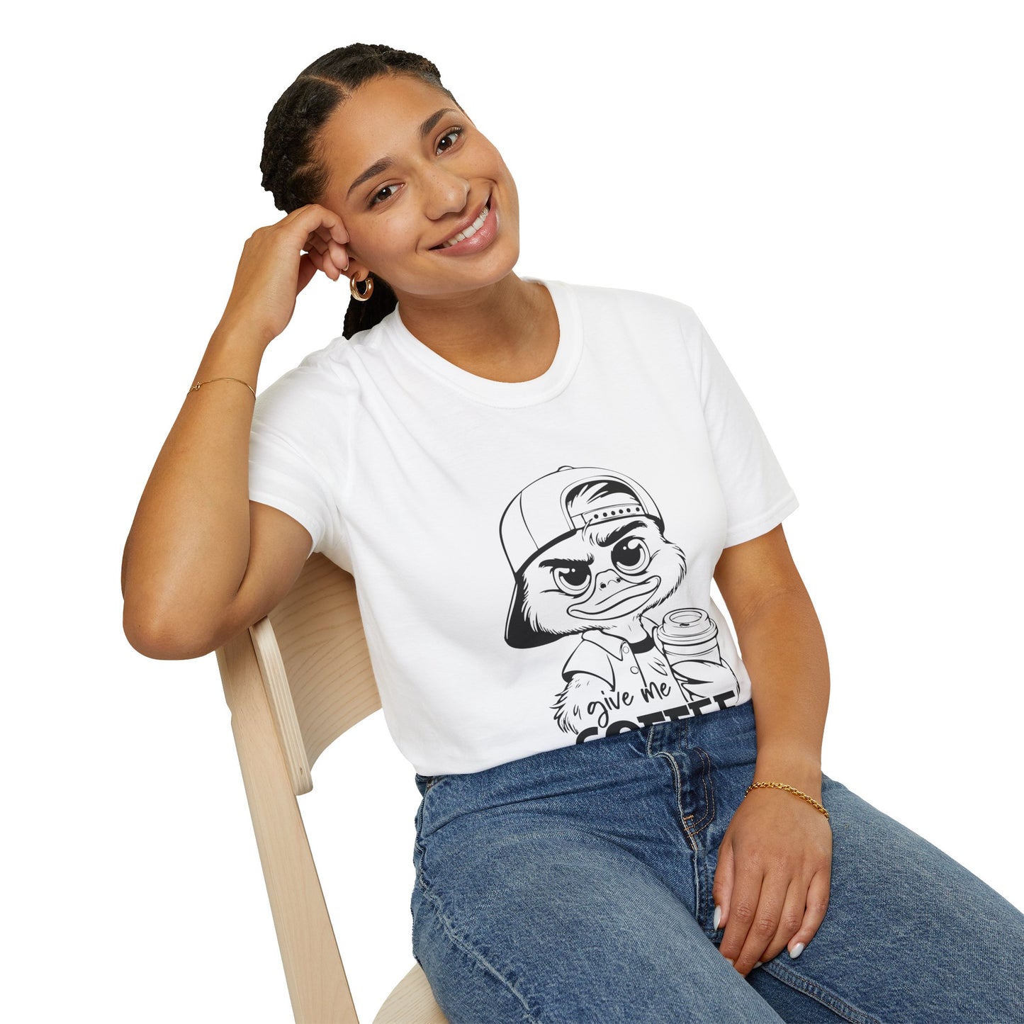 Funny Coffee Lover Unisex Softstyle T-Shirt - Give Me Coffee and No One Gets Hurt Design