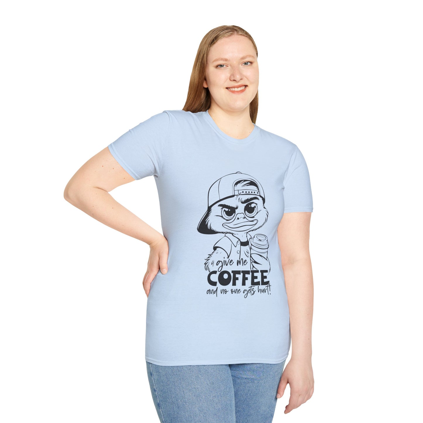 Funny Coffee Lover Unisex Softstyle T-Shirt - Give Me Coffee and No One Gets Hurt Design