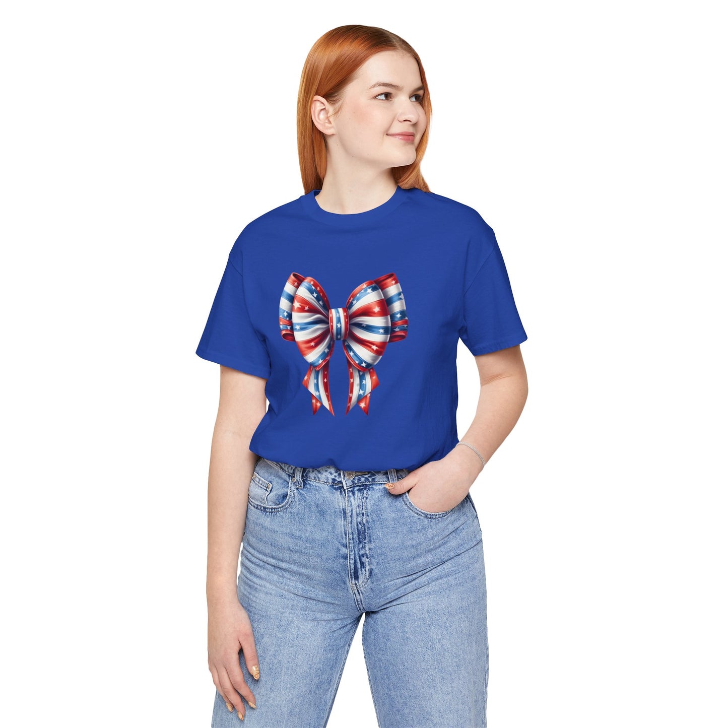 Womans Unisex Red White and Blue Ribbon Jersey Short Sleeve Tee