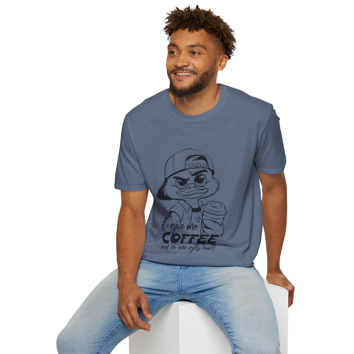 Funny Coffee Lover Unisex Softstyle T-Shirt - Give Me Coffee and No One Gets Hurt Design
