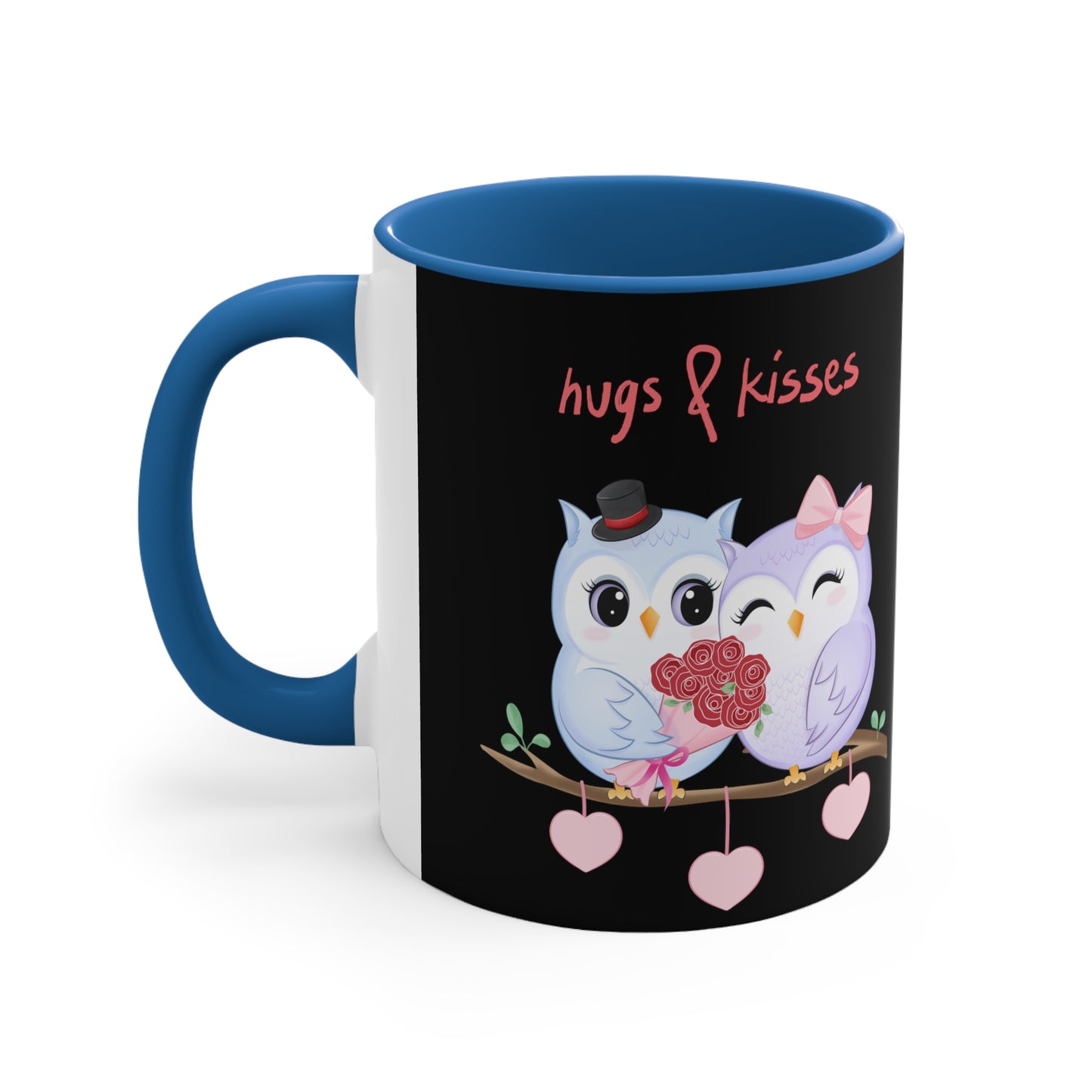Hugs & Kisses Owls Black Background Accent Coffee Mug, 11oz