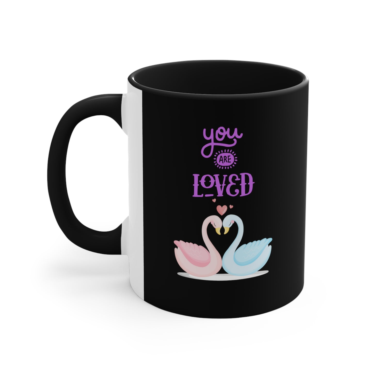 Swan You Are Loved on a Black Background Accent Coffee Mug, 11oz