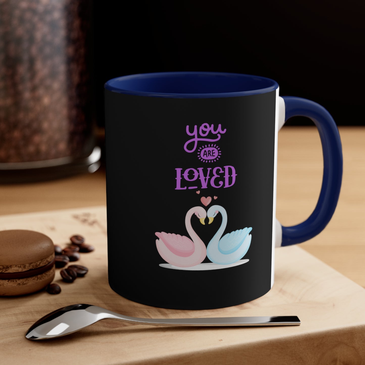 Swan You Are Loved on a Black Background Accent Coffee Mug, 11oz