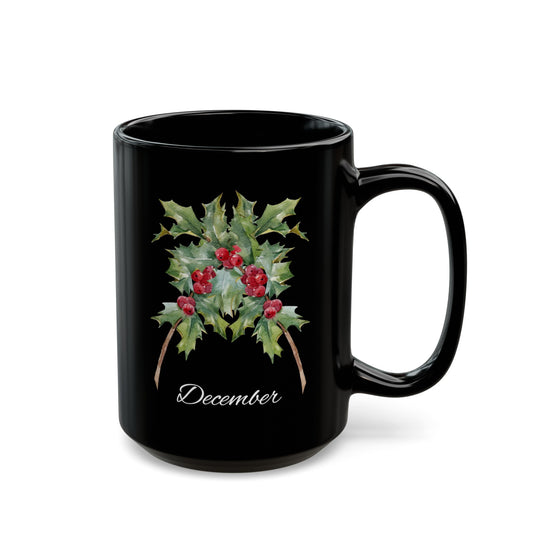 December Birth Flower Holly Black Mug (11oz, 15oz)
